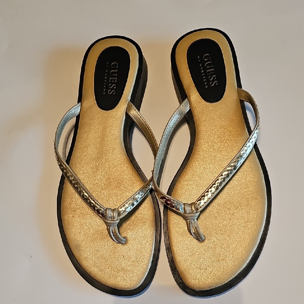 GUESS Women's Metallic Gold Thong Sandals with Braided Straps